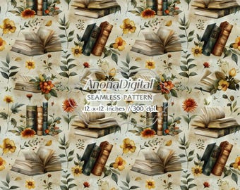 Boho Bookish Reading Seamless Pattern, Digital Download, Watercolor Contemporary background for papers, fabrics, crafts