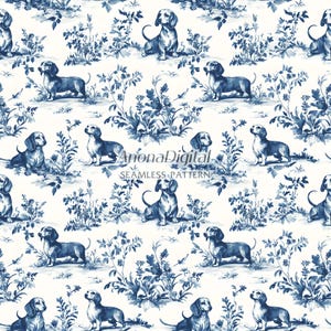 Padrão sem emenda de Dachshund Toile De Jouy, estampas de papel de tecido, fundo azul chinoiserie para presentes de amantes de cães, download instantâneo para artesanato