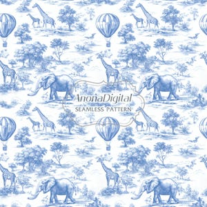 Toile De Jouy Safari Animal Pattern, Papel de Parede Infantil Sem Costura para Crianças, Estampa em Tecido, Papel Digital, Download Instantâneo para Artesanato