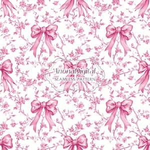 Pink Toile De Jouy Digital Paper, Coquette Bow Seamless Pattern, Pink & White Chinoiserie Background, Digital Scrapbook Paper, Fabric Print