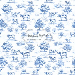 Toile De Jouy, fazenda de vacas leiteiras, padrão sem emendas, tecido, papel, impressões, pasto azul, fundo de viveiro, download digital instantâneo para artesanato