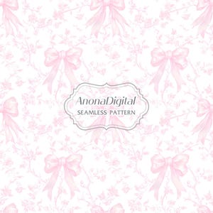 Motivo senza cuciture con fiocco in tela rosa Coquette, sfondo per carta da parati Chinoiserie rosa e bianco per cameretta dei bambini, carta digitale, download immediato per lavori artigianali