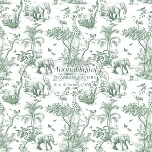 Green Toile De Jouy African Safari Seamless Pattern, Digital Download, Chinoiserie Background, papers, crafts