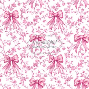 Carta digitale Toile De Jouy rosa, motivo senza cuciture con fiocco Coquette, sfondo Chinoiserie rosa e bianco, carta per scrapbooking digitale, stampa su tessuto