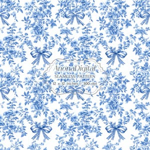 Blue Coquette Floral Bow Toile Seamless Pattern, Digital Download Ribbon Background for papers, crafts