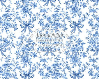 Patrón sin costuras de toile con lazo floral azul coquette, descarga digital de fondo de cinta para papeles y manualidades.