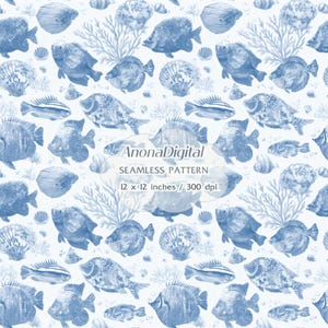 May include: Seamless pattern featuring blue fish, seashells, and coral on a white background. The design includes various fish species, scallop shells, and coral branches. The pattern is 12 x 12 inches and 300 dpi. The text "AnonaDigital" and "SEAMLESS PATTERN" are also visible.