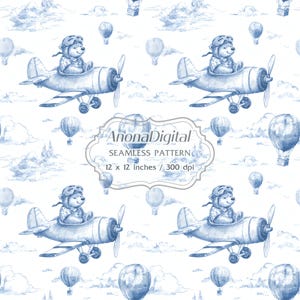 May include: Seamless pattern featuring a repeating design of a teddy bear in a vintage airplane, hot air balloons, and clouds. The design is in shades of blue on a white background. The text in the image reads "AnonaDigital SEAMLESS PATTERN 12 x 12 inches / 300 dpi".