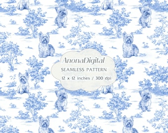 May include: A seamless pattern featuring a blue and white toile design. The pattern includes illustrations of small dogs and stylized trees. The text "AnonaDigital SEAMLESS PATTERN 12 x 12 inches / 300 dpi" is also visible.