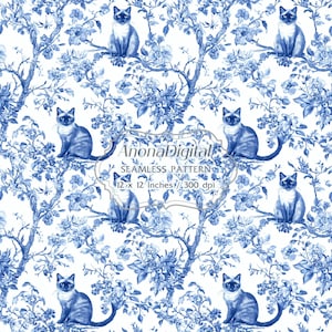 Toile bleue chinoise, modèle sans couture de chat siamois, téléchargement numérique, fond pour travaux manuels, cadeaux d'amant