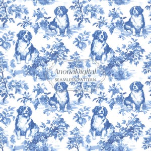 Französischer Toile De Jouy Nahtloser Muster, Berner Sennenhund Wallpaper Hintergrund für Hundeliebhaber, Stoffdruck, Sofort-Download zum Basteln