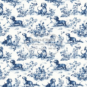 May include: A seamless pattern featuring a repeating design of dachshund dogs in a blue and white toile style. The dogs are depicted in various poses amidst floral and foliage elements. The pattern is 12 x 12 inches.