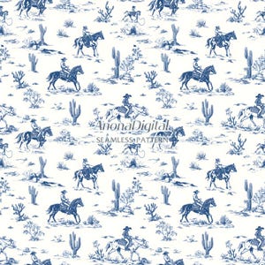 Blauwe chinoiserie toile de jouy cowboy naadloze patroon stof papier wordt afgedrukt western paard achtergrond voor geschenken Direct downloaden voor ambachten