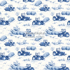 Naadloze patroon toile de jouy tractor blauwe chinoiserie stof papier wordt afgedrukt boerderij hooi achtergrond voor geschenken Instant download voor ambachten