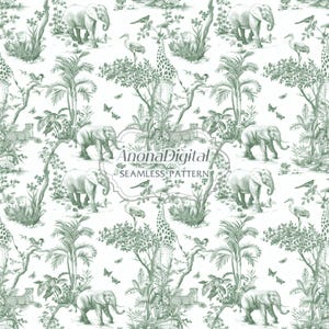 Digitaal papier Toile de Jouy, naadloos patroon Afrikaanse safari, groene en witte chinoiserieachtergronden, digitaal plakboek, stoffenprint