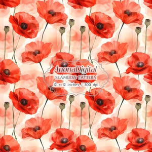 Red Poppies Seamless Pattern, Digital Download, Floral Watercolor background for papers, fabrics, crafts
