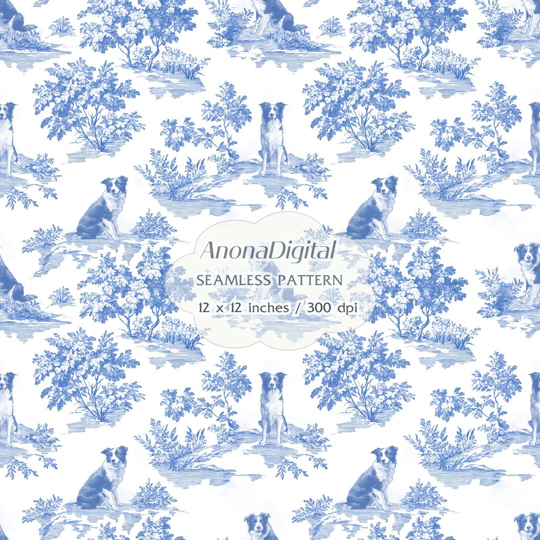 Toile Pattern Border Toile De Jouy Border Collie Seamless Pattern, Digital Download ...