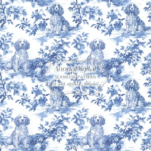 May include: Seamless pattern featuring a repeating design of a dog breed, set against a backdrop of blue floral elements. The pattern includes the text "AnonaDigital SEAMLESS PATTERN 12 x 12 inches // 300 dpi". The design is in shades of blue and white.