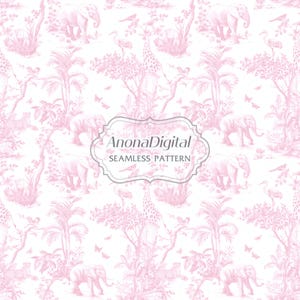 Carta digitale Toile de Jouy, motivo senza soluzione di continuità con safari africano rosa e bianco, sfondi chinoiserie, carta per scrapbooking digitale, stampa su tessuto