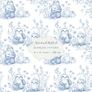 May include: A seamless pattern featuring blue line art sloths among floral elements on a white background. The sloths are depicted in various poses, some hugging. The text "AnonaDigital SEAMLESS PATTERN 12 x 12 inches / 300 dpi" is also present.