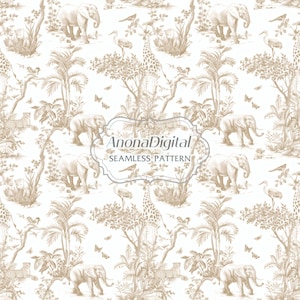 Toile de Jouy digitaal papier, naadloos patroon Afrikaanse safari, beige en witte chinoiserieachtergronden, digitaal plakboek, stoffenprint