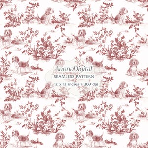 Chinoiserie Maroon Toile, Beagle Seamless Pattern, Digital Download, background for dog lover gifts