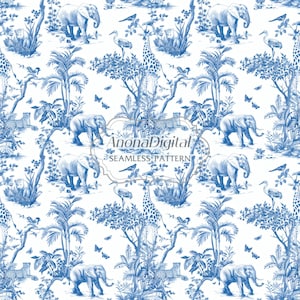 Papel digital Toile De Jouy, padrão sem costura de safári africano, fundos de chinoiserie azul e branco, papel de scrapbook digital, impressão em tecido