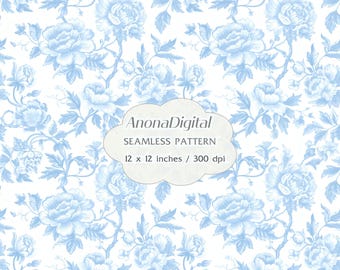 Pale Blue Toile De Jouy Seamless Pattern, Chinoiserie Vintage Floral Design, Digital Download, crafts