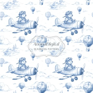 Chinoiserie Toile De Jouy Nahtloses Muster, Teddybär-Flugzeug-Stoffpapierdruck-Kinderzimmer, Babyparty-Hintergrund, sofortiger digitaler Download