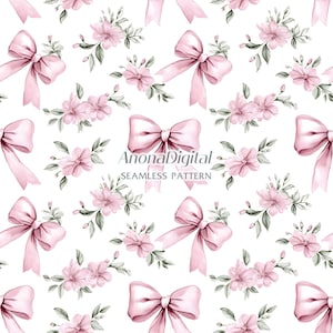 Vintage Floral Pink Bow Coquette Seamless Pattern Fabric Paper Prints Vintage Bow Background for Gifts Instant Download for Crafts