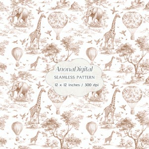 Può includere: Un motivo senza cuciture in seppia raffigurante una scena safari. Il design include elefanti, giraffe, mongolfiere, uccelli e alberi. È presente anche il testo "AnonaDigital SEAMLESS PATTERN 12 x 12 inches / 300 dpi".