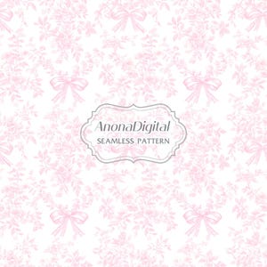 Motivo senza cuciture con fiocco vintage Coquette Toile De Jouy rosa, stampa floreale su tessuto, sfondo per carta da parati per cameretta dei bambini, download immediato per lavori artigianali