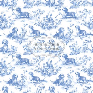 Toile de jouy naadloos patroon, teckel hond wallpaper achtergrond voor hondenliefhebber geschenken, stof print, Instant Download voor ambachten