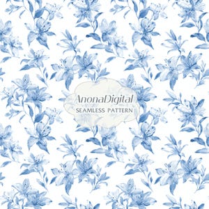 Toile de Jouy Lily Flower Seamless Pattern, Blue And White Floral Chinoiserie Background for Fabric Prints, Instant Download Digital Paper