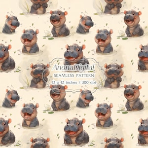 Bouncy Pig Pygmy Hippo Seamless Pattern, Digital Download, Watercolor background for papers, fabrics, crafts