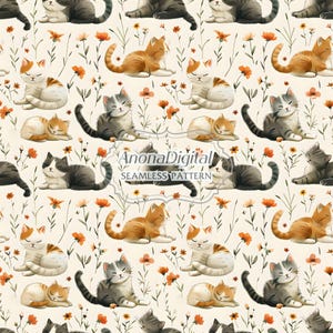 Cute Cat Seamless Pattern, Cat with Flower Digital Paper, Cats Wallpaper Background Pattern, Sublimation Fabric Design File, Surface Pattern