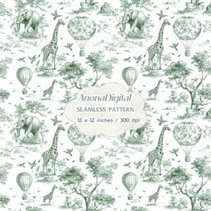 Peut inclure: Motif sans couture vert sur fond blanc. Le motif présente des éléphants, des girafes, des montgolfières, des arbres et des oiseaux. Le texte "AnonaDigital SEAMLESS PATTERN 30,5 x 30,5 cm / 300 dpi" est inclus.