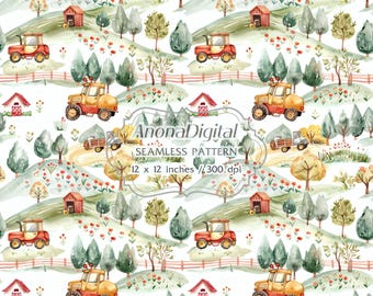 Farm Tractor and Truck Seamless Pattern, Digital Download, Watercolor background for papers, fabrics, crafts