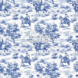 Toile de Jouy digitaal papier, naadloos cowboy-westers landpatroon, blauwe en witte chinoiserie-achtergronden, naadloze western, stoffenprint