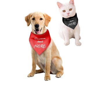 May include: A white cat and a golden retriever dog wearing red and black bandanas with the text "Custom text HERE" on them. The cat is sitting on a white background and the dog is sitting on a white surface.