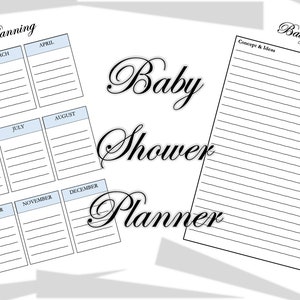May include: A white baby shower planner with the words "Baby Shower Planner" in elegant script. The planner includes sections for long-range planning with monthly calendars and space for concepts and ideas.