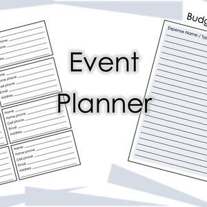May include: A printable event planner with a guest list and budget & expenses sections. The planner has a black and white design with lines for writing.