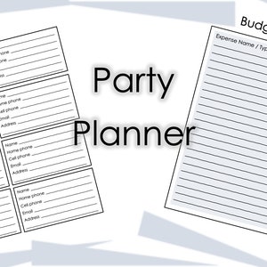 May include: A printable party planner with a guest list and budget & expenses sections. The planner has a black and white design with lined spaces for writing.