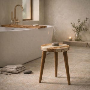 Può includere: Un piccolo sgabello in legno a tre gambe con un piano circolare di colore chiaro e gambe angolate. Un bruciatore di incenso è posto sopra, con fumo che sale. Lo sgabello è in un bagno, vicino a una vasca da bagno e asciugamani.