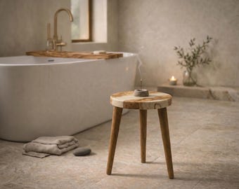 Taburete de spa de lujo de madera de olivo con incrustaciones de resina - Decoración minimalista de baño Japandi - Pedestal de madera natural para bañera