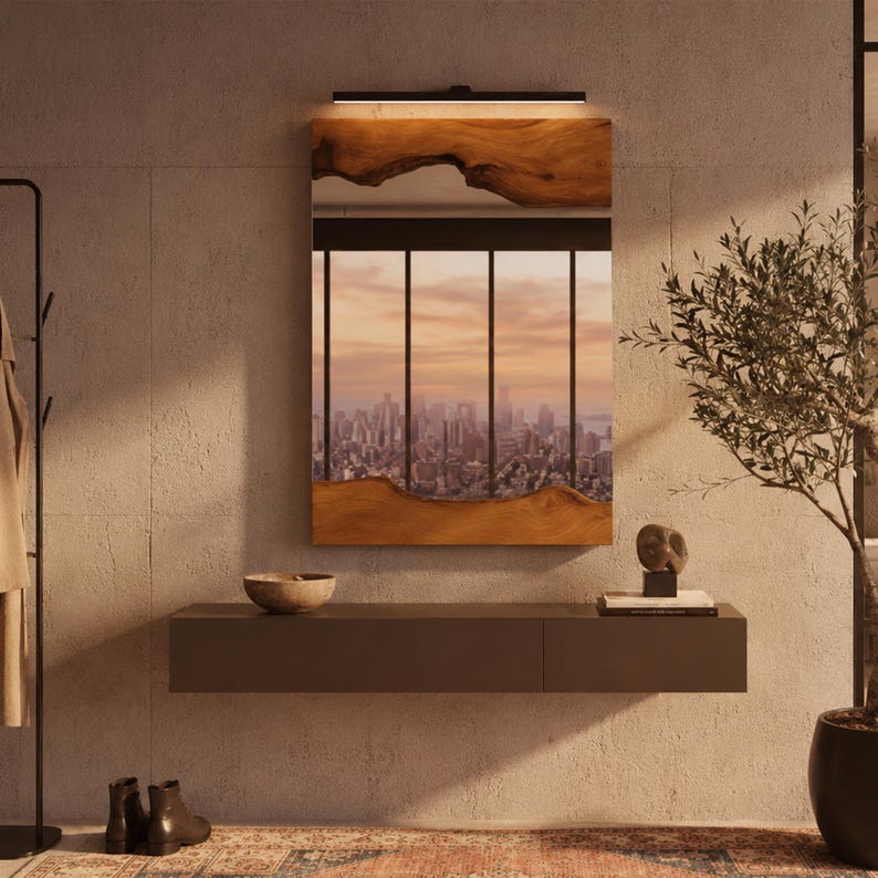 May include: A rectangular wall mirror featuring a natural live-edge wood frame at the top and bottom. The reflective surface displays a city skyline view through vertical window panes. A slim black light fixture is mounted directly above the mirror.