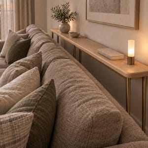 Op de afbeelding: Een lange console-tafel van licht hout met dunne gouden metalen poten achter een beige bank met textuur. Op de tafel staat een kleine cilindervormige lamp met een warme gloed, een boek en een decoratieve schaal, naast een vaas met groen.