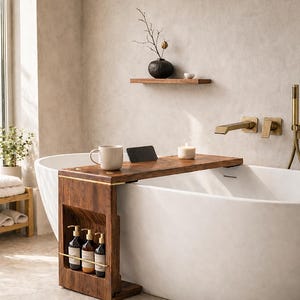 May include: A wooden bath tray with a shelf holds a mug, phone, and candle over a white oval bathtub. The bathroom has a neutral colour palette with gold fixtures and a small wooden shelf with decor. The tray is approximately 75 cm long.
