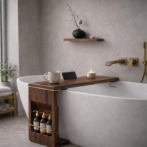 Luxury Handcrafted Walnut Bathtub Tray, Sliding Bath Table, Tub Caddy with Storage Shelf, Protective Non-Slip Pads, Sanctuary Decore