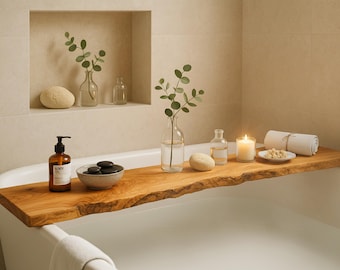 Luxury Olive Wood Bathtub Tray | Extra-Long and Non-Slip | Personalized Bath Caddy with Engraved Note for Yourself or Anniversary Gift